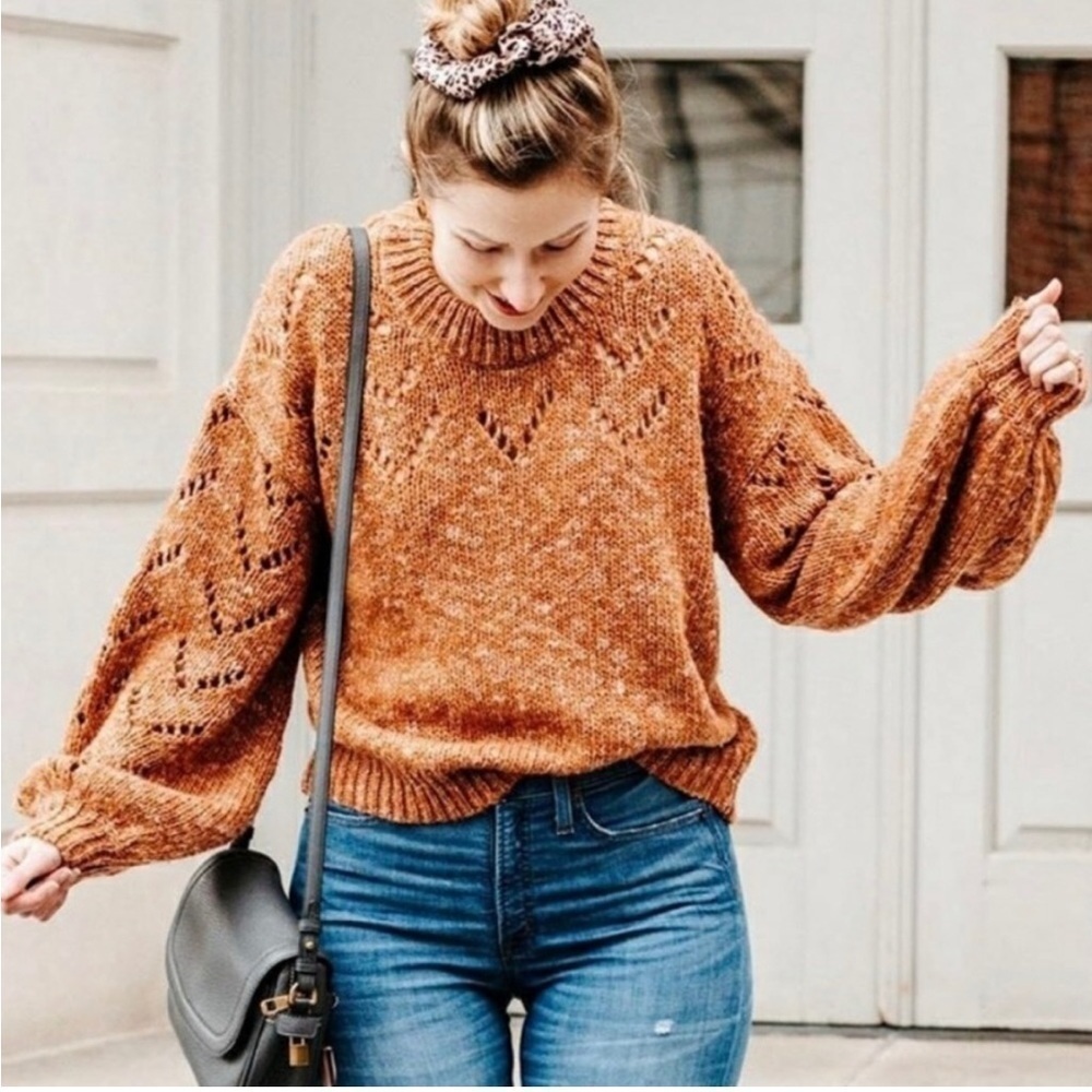 Madewell Pointelle Bubble-Sleeve Pullover Sweater